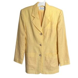 TAIGA Paris Vintage 80s 90s Yellow Oversize Blazer Button Pockets 100% Linen 4